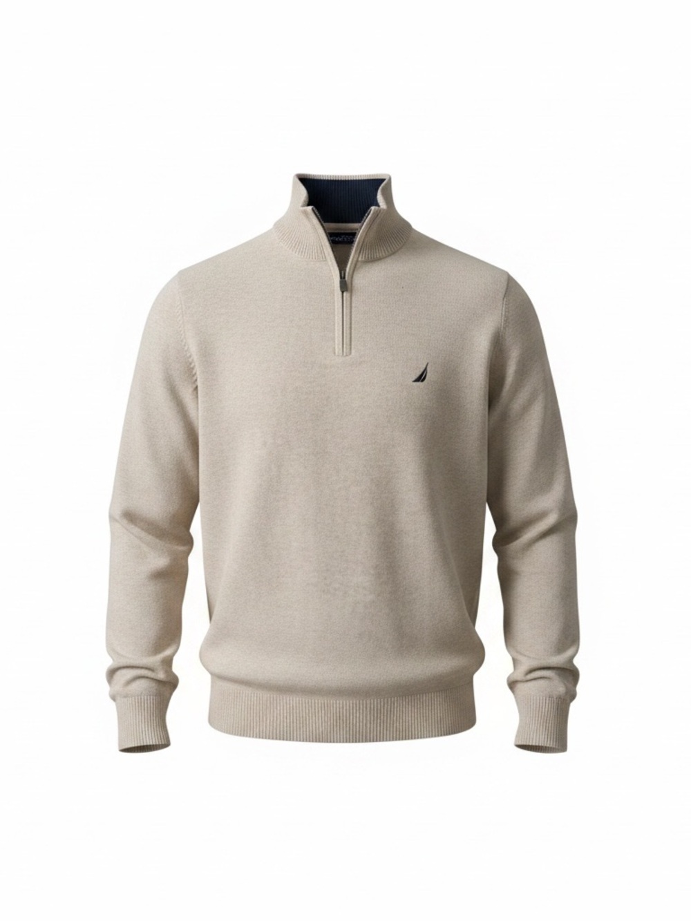 Nautica Beige Quarter-Zip Sweater with Navy Sailboat Logo - Picture 2 of 8